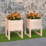 Set of Two Solid Pine Wood Planters - Raised Garden Bed Flower Boxes Outdoor