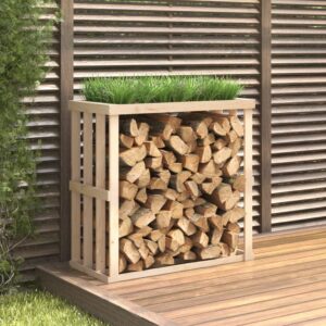 Outdoor Solid Pine Wood Log Holder Firewood Rack with Planter Storage Organizer