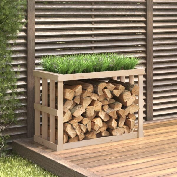 Outdoor Solid Pine Wood Log Holder Firewood Rack with Decorative Planter