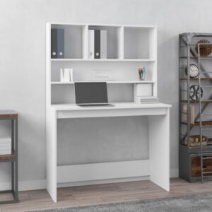 White Engineered Wood Desk with Shelves Compact Home Office Study Furniture