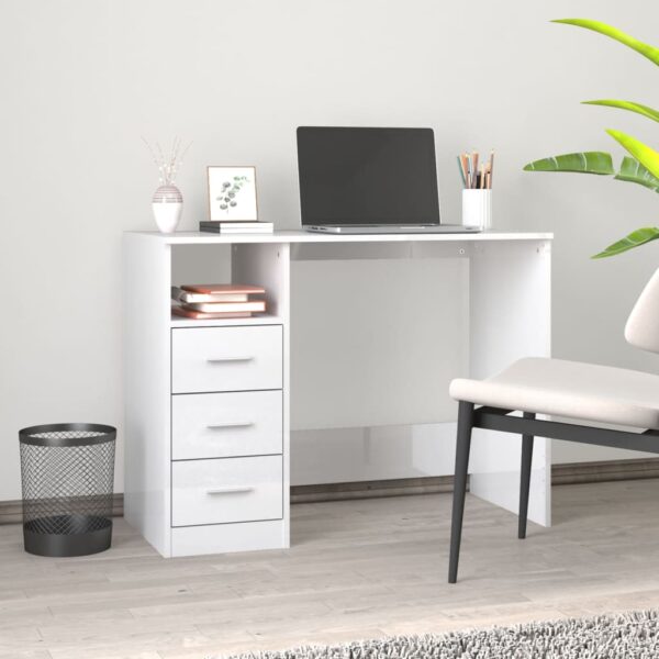 Elegant High Gloss White Home Office Desk with Drawers Modern Engineered Wood