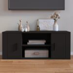 Chic Black Engineered Wood TV Cabinet Spacious Storage Media Stand with Doors