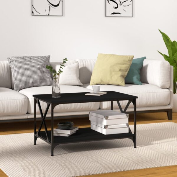 Elegant Black Coffee Table Engineered Wood Iron Frame Living Room Furniture