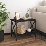 Chic Black Side Table Engineered Wood Steel Frame Adjustable Legs Storage Shelf