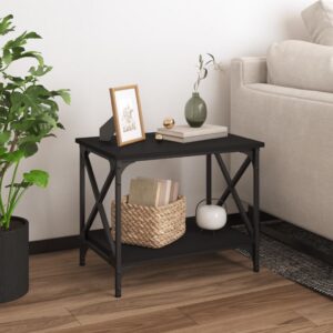 Chic Black Side Table Engineered Wood Steel Frame Adjustable Legs Storage Shelf