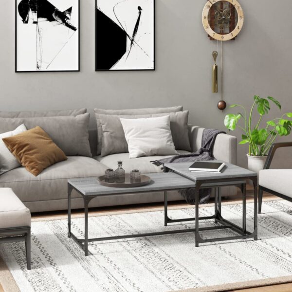 Chic Grey Sonoma Coffee Table Set Engineered Wood Steel Frame Adjustable Legs