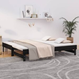 Pull-out Day Bed Black 2x(92x187) cm Single Size Solid Wood Pine