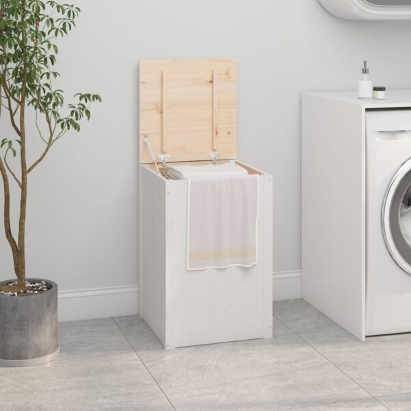 White Solid Pine Wood Laundry Box Storage Organizer with Hydraulic Lid