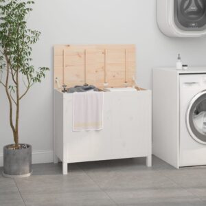 White Solid Pine Wood Laundry Hamper Storage Organizer with Gas Lift Lid