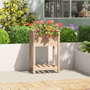 Solid Pine Wood Planter Raised Garden Bed with Shelf for Patio Balcony Decor