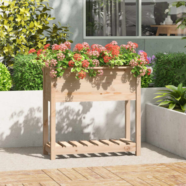 Solid Pine Wood Planter Raised Garden Bed with Shelf for Patio Balcony Decor