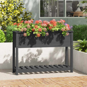 Solid Pine Wood Planter Raised Garden Bed with Shelf Grey Ergonomic Outdoor