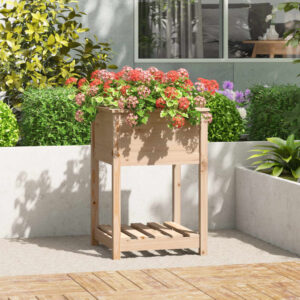 Solid Pine Wood Planter Raised Garden Bed with Shelf for Patio Balcony Decor