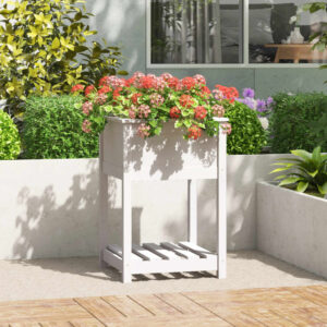 Solid Pine Wood Planter with Shelf White - Raised Garden Bed for Patio Balcony