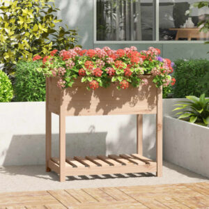 Solid Pine Wood Planter Raised Garden Bed with Shelf for Outdoor Patio Deck