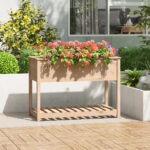 Solid Pine Wood Planter Raised Garden Bed with Shelf for Outdoor Patio Deck