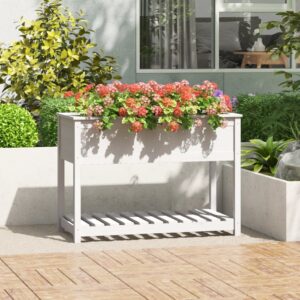 White Solid Pine Wood Raised Garden Planter with Shelf Outdoor Flower Bed Box