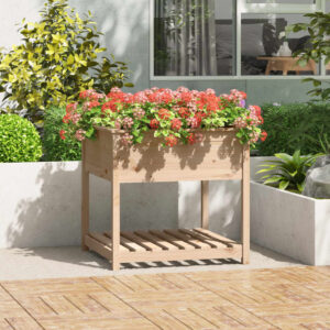 Solid Pine Wood Garden Planter Raised Bed with Shelf for Patio Balcony Decor