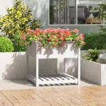 White Solid Pine Wood Raised Garden Planter with Shelf Outdoor Flower Bed Box