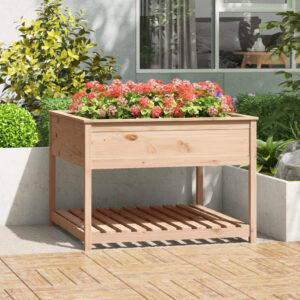 Solid Pine Wood Garden Planter Raised Bed with Shelf for Patio Balcony Decor