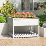 White Solid Pine Wood Raised Garden Planter with Shelf - Ergonomic Outdoor Patio Flower Bed