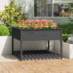 Solid Pine Wood Planter Raised Garden Bed with Shelf Grey Ergonomic Outdoor