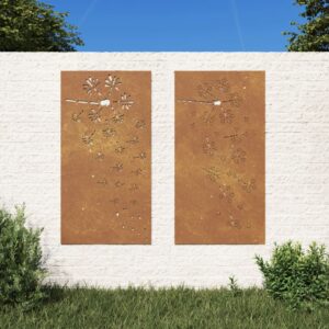 Rustic Corten Steel Garden Wall Art Flower Pattern Outdoor Decor Set Weatherproof