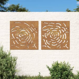 Rustic Corten Steel Rose Pattern Garden Wall Art Decor Set Weather Resistant