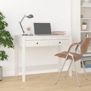 Elegant White Solid Pine Wood Study Desk with Drawers Home Office Furniture