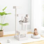 Multi-Level Solid Pine Wood Cat Tree Climbing Perch White Sturdy Frame Pet Tower