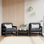 Outdoor Patio Garden Chairs Set of 2 with Comfort Cushions Solid Pine Wood Black