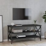 Chic Black Engineered Wood TV Stand Media Storage Cabinet with Iron Frame