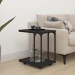 Chic Black C-Shape Engineered Wood Side Table with Storage on Swivel Wheels