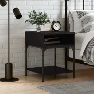 Elegant Black Bedside Table Engineered Wood Nightstand with Storage Adjustable Feet