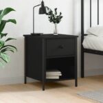 Chic Black Bedside Cabinet Engineered Wood Sturdy Iron Frame Ample Storage