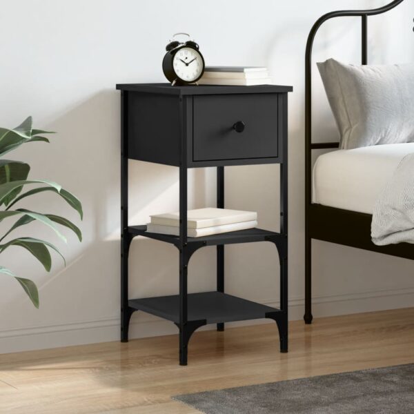 Chic Black Bedside Cabinet Compact Engineered Wood Iron Frame Ample Storage