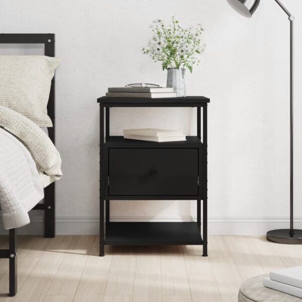 Chic Black Bedside Cabinet Engineered Wood Sturdy Frame Ample Storage Space