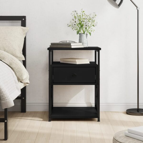 Chic Black Bedside Cabinet Engineered Wood Sturdy Iron Frame Ample Storage