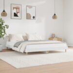 Queen Size White Bed Frame Engineered Wood with Plywood Slats & Wooden Legs