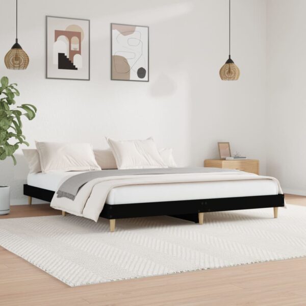 Queen Size Bed Frame Black Engineered Wood with Sturdy Wooden Legs & Slats