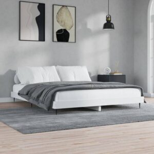 Queen Size White Bed Frame Engineered Wood Metal Legs Plywood Slats Modern Design