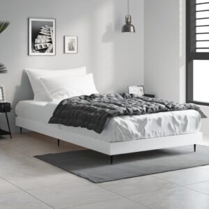 Single Size White Bed Frame Engineered Wood with Metal Legs Plywood Slats