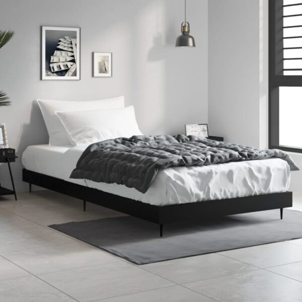 Single Size Black Bed Frame Engineered Wood with Metal Legs Plywood Slats