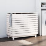 White Solid Pine Wood Laundry Basket Large Storage Space with Lid Rustic Design