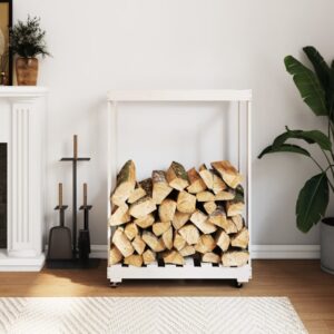 White Solid Pine Wood Firewood Log Holder Storage Rack with Wheels Easy Move