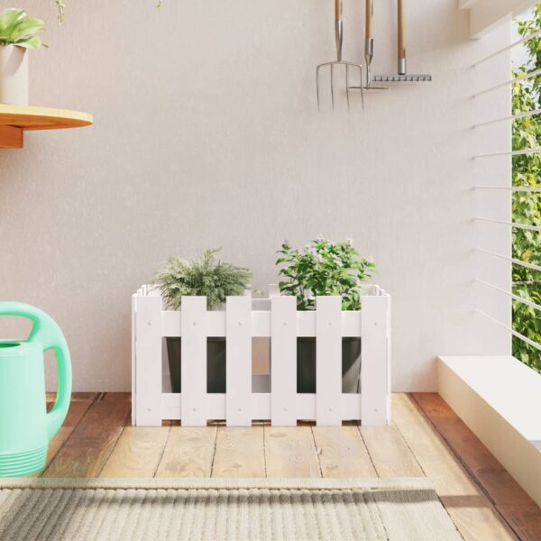 Solid Pine Wood Garden Planter with Fence Design White Outdoor Flower Bed Box