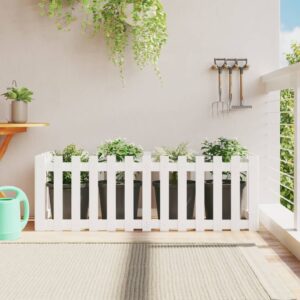 White Solid Pine Wood Raised Garden Bed Planter with Fence Design Outdoor Decor