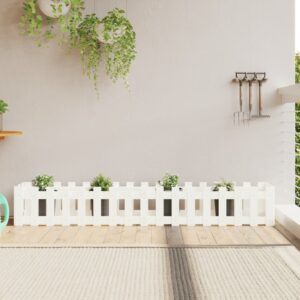 White Solid Pine Wood Raised Garden Bed Planter with Fence Design Outdoor Decor