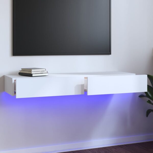 Modern White TV Stand Cabinet with LED Lighting Ample Storage Easy Clean Design