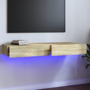 Modern Sonoma Oak TV Stand Cabinet with RGB LED Lighting and Storage Drawers